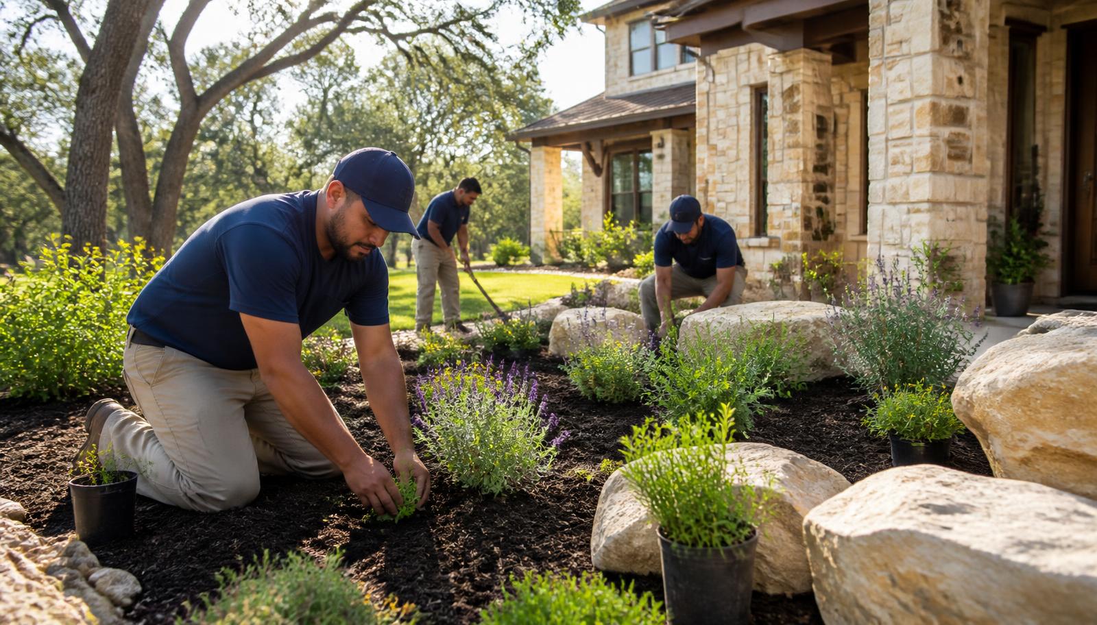 Professional landscaping crew working in an Austin backyard